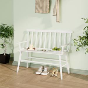 Bamboo Entryway Bench, Farmhouse Dining Bench with Spindle Back & Armrest 3 Person Indoor Bench Chair Wood Windsor Bench Durable Easy Assembly for Foyer Balcony Hallway Living Room (White)