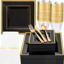 Festiva 350Pcs Black and Gold Plastic Plates-50Guests Disposable Square Black Dinnerware Set include 100 Plastic Plates,50Cups,150Plastic Cutlery,50Napkins for Party,Halloween&Wedding&Fathers Day