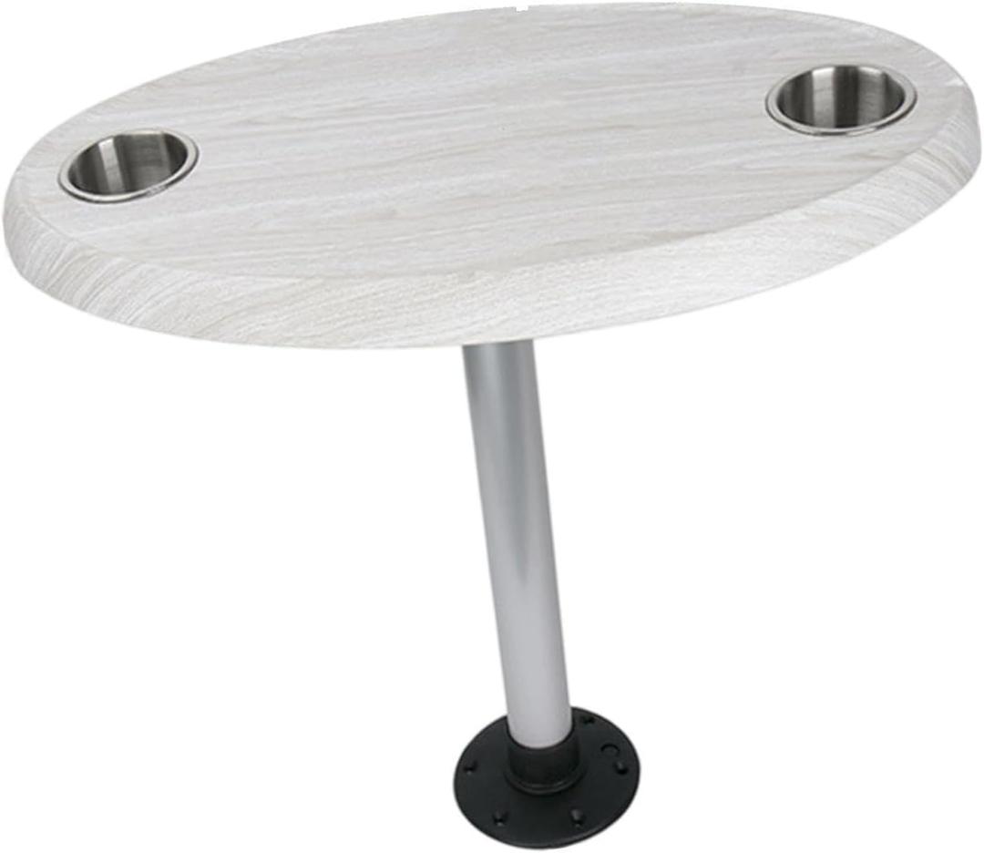 Pontoon Boat Table Marine Thread Lock Table Versatile Accessory Supplies Boat Furniture with Drink Holder for RV Deck, White Wood Grain