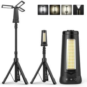 Rechargeable Camping Light with Stand 7 ft Max Height, 15000mAh Portable Cordless LED Work Light, 5500 Lumen 6500/4500/3500K Dimmable Emergency Flashlight with Detachable Tripod, Black