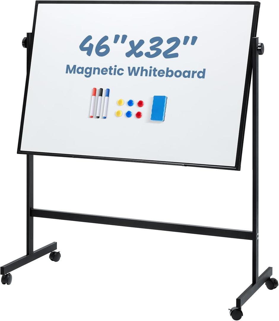 DUMOS Rolling Whiteboard Double Sided 46 x 32 Inches, Magnetic White Board Dry Erase on Wheels, Dry Erase Board with Stand for School, Office and Home, Silver Aluminium Frame, Black