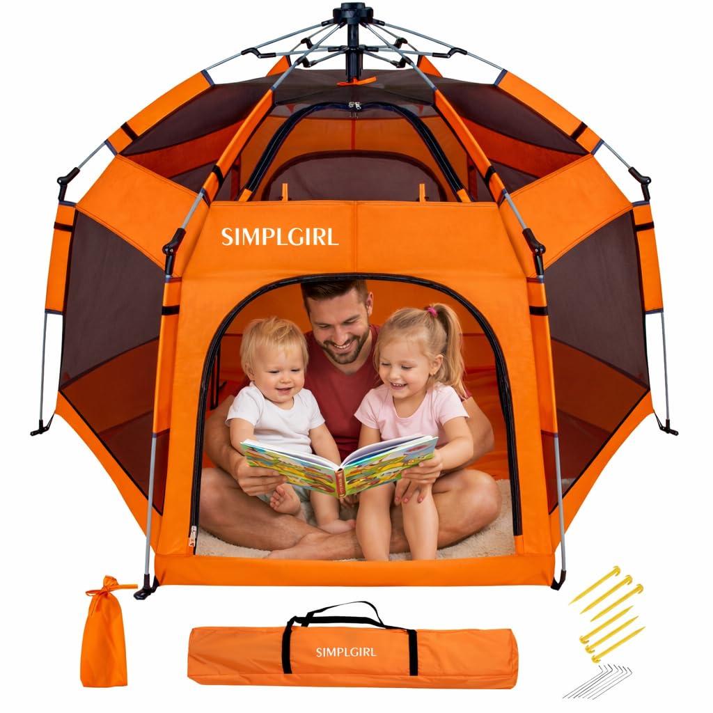 Premium Indoor and Outdoor Baby Playpen - Portable, Lightweight, Pop Up Pack and P Lay Toddler P Lay Yard w/Canopy and Travel Bag - Orange