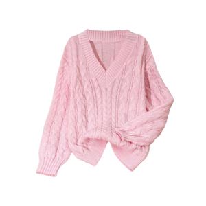 GORGLITTER Women's Cable Knit Chunky Sweater V Neck Long Sleeve Cozy Pullover Jumper Top Pink XX-Large