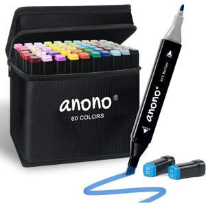 anono 60 Colors Alcohol Markers Set, Coloring Markers with Chisel and Fine Tips, Includes Carrying Case, Suitable for Book Painting and Coloring, Black Barrel