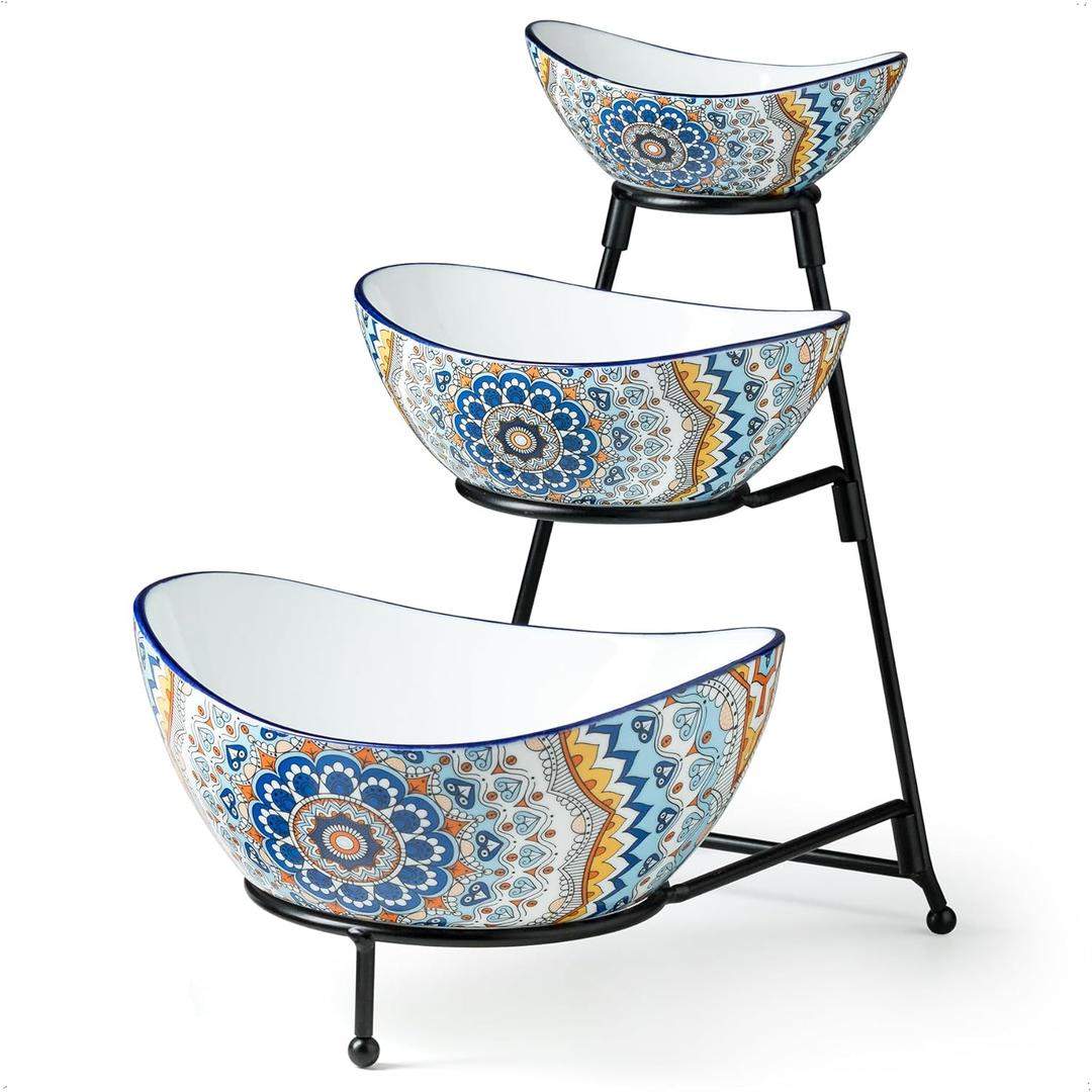 YHOSSEUN 3 Tier Serving Bowls, Serving Dishes for Entertaining Porcelain Serving Trays and Platters Tiered Bowl Set with Collapsible Thicker Sturdier Metal Rack (C-Light-colored Boho)