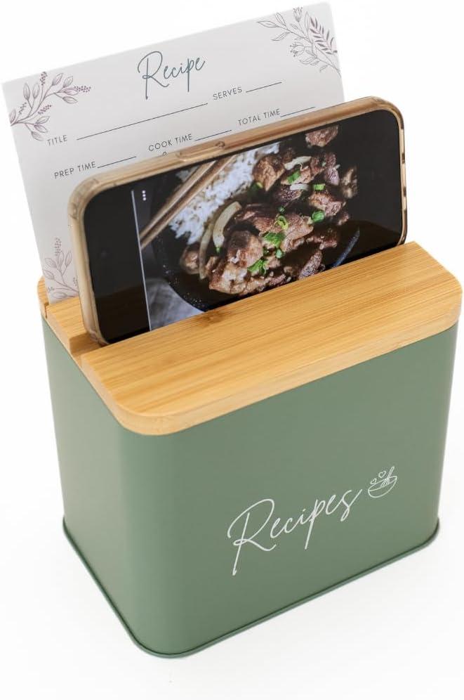 Sage Green Recipe Organizer with Wooden Lid - Set Includes 12 Dividers & 30 Blank 4 x 6" Recipe Cards