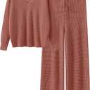 ANRABESS Women Two Piece Outfits Sweater Sets Lounge Waffle Knit Pullover Matching Wide Leg Pants Tracksuit 2025 Fall Fashion (Small, Rust)