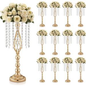 12 Pcs 21.7 Inch Tall Gold Centerpieces For Table Wedding-Metal Flower Gold Vases For Centerpieces For Wedding Reception With Crystal Fringe-Flower Stand For Wedding, Birthday(Centros De Mesa)