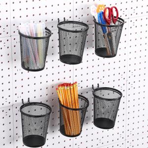 Spakon 6 Sets Pegboard Cups with Ring Hook Pegboard Bin Holder Organizer Multipurpose Pen Cup Metal Pencil Holder for Desk Office Garage (Black, 3.15x5.24x4.33'', Regular)