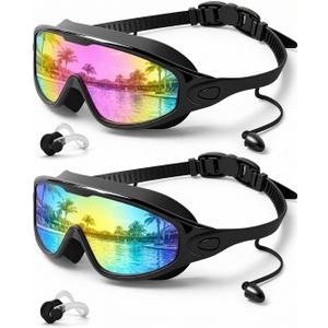 Swim Goggles 2 Pack, Wide View Anti Fog&UV Swimming Goggles for Audlt, No Leak Pool Beach Essentials for Men Women (Black)