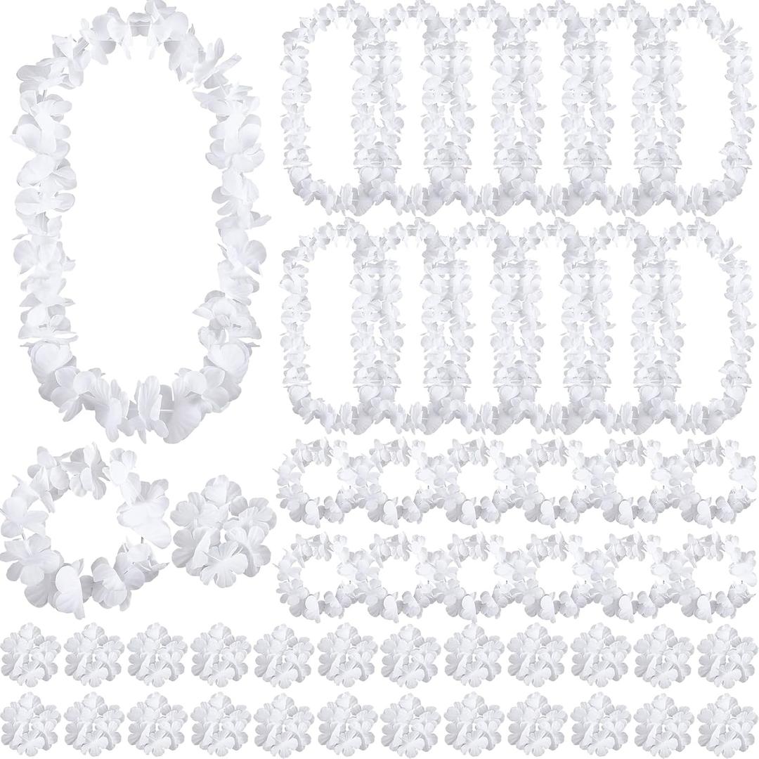 Hanaive 48 Pcs White Hawaiian Flower Lei for Wedding Bulk Tropical Floral Luau Necklace Beach Hawaiian Garland Necklace Bracelets Headband Apparel Accessories for Wedding Beach Bride Party Dress up