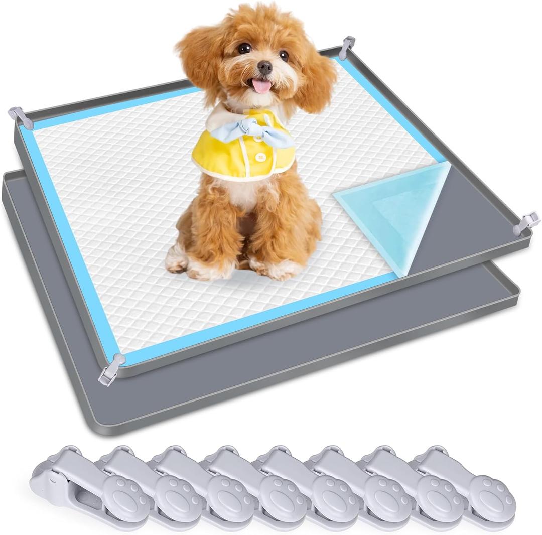 Dog Pee Pad Holder, 2 Pack Dog Potty Tray Silicone Puppy Pad Holder Tray Fits for 24" x 24" Training Pads, Puppy Potty Tray With 8 Clamps No Spill Raised Lip High Edge for Floor Protection (Dark Grey)