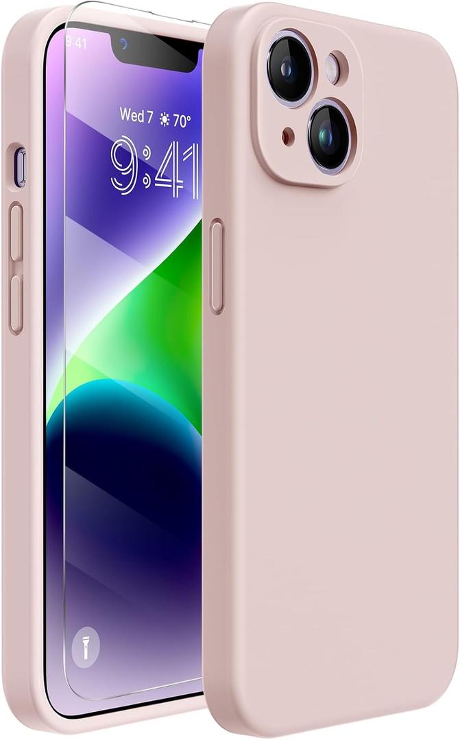 Miracase Designed for iPhone 14 Case with Screen Protector, [Upgraded Enhanced Camera Protection], Shockproof Liquid Silicone Case with Microfiber Lining, 6.1 inch, Sand Pink