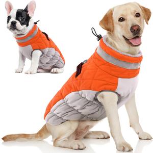 AOFITEE Dog Coat, Warm Dog Winter Coat, Reflective Cold Weather Dogs Puffer Jacket with Harness Built in, Waterproof Pet Fleece Vest Snowsuit for  Dogs, Orange Large