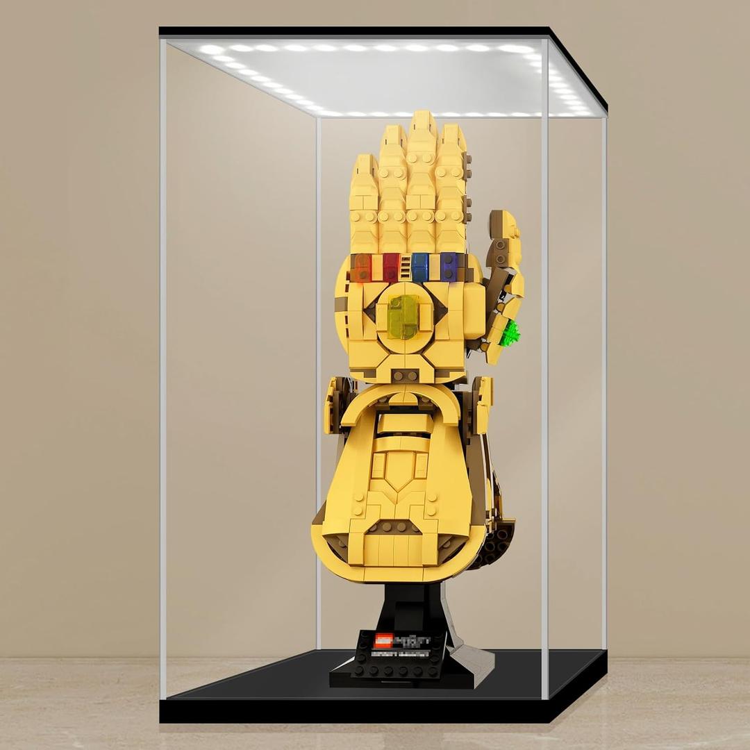 LANSCOERY Acrylic Display Case with Adjustable Yellow/White/Warm LED Light, UV Protection Clear Display Box, Dustproof Showcase for Action Figures, Models, Collectibles - 5.9x7.1x13.8inch