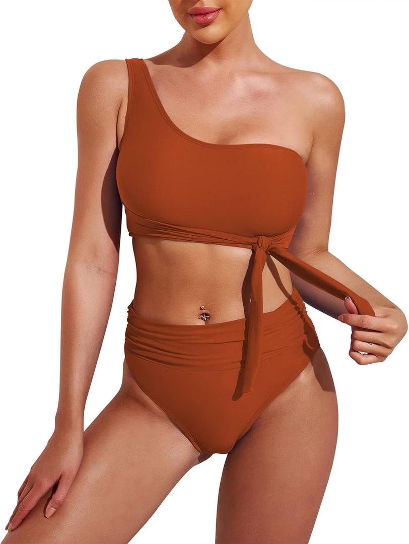 Pink Queen Women's One-Shoulder High-Waisted Bikini Set Two-Piece Tie Ruched Swimsuit, M