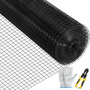 Hardware Cloth, 24" x50' & 1"x1" Mesh Size, Galvanized Steel Vinyl Coated 16 Gauge Welded Wire w/A Cutting Plier & A Pair of Fabric Gloves, for Garden Fencing & Pet Enclosures, Black