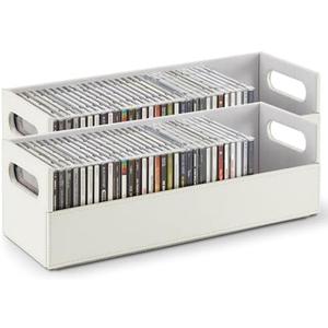 Stock Your Home 2- Pack CD Storage Box, Organizer Shelf for Movie Cases, DVDs, Cassette Tape Display Stand, Disc Holder Can Store Up to 40 CDs, Faux Leather (White with White Interior)