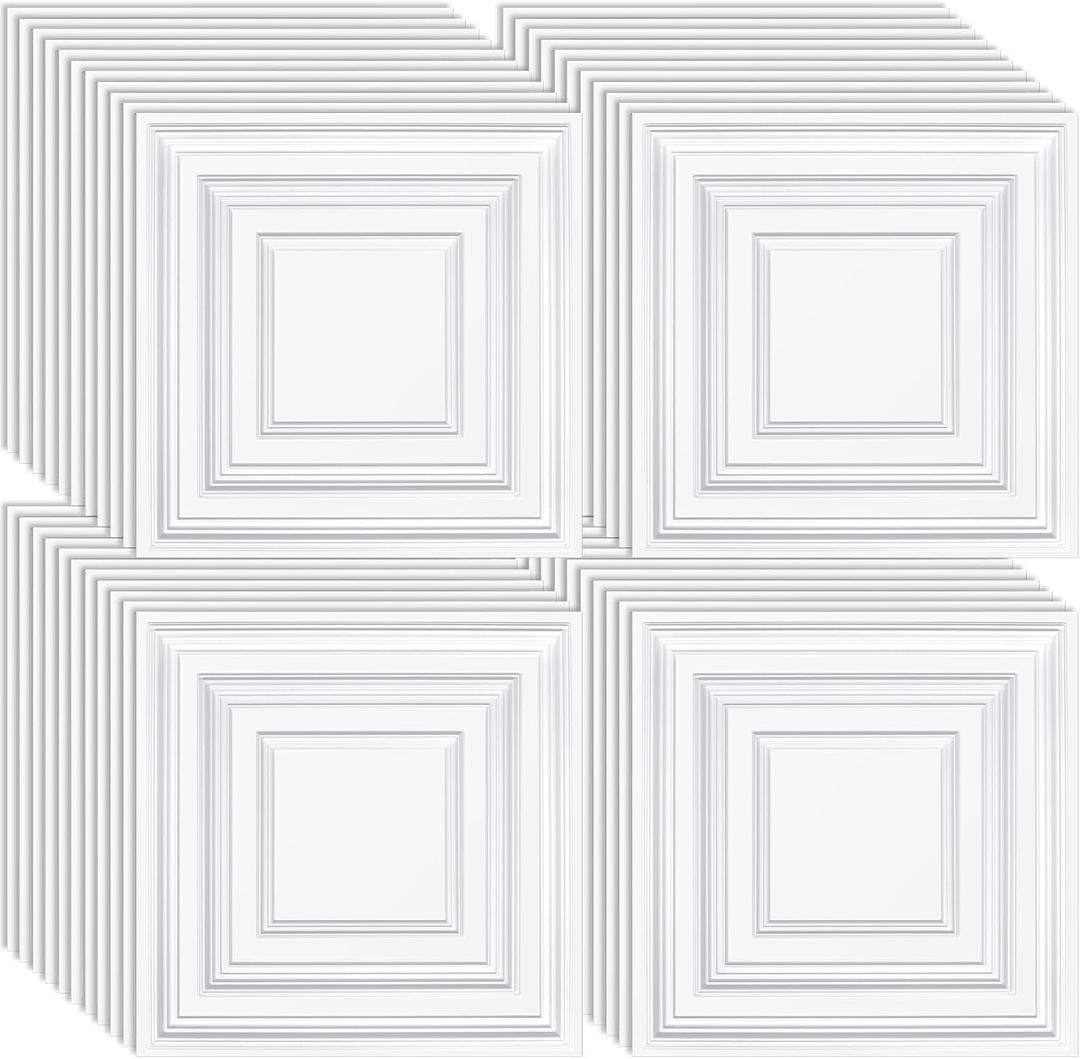 Landical 50 Pcs 2 x 2 ft White PVC Plastic Drop Ceiling Tiles 24 x 24 x 0.8 Inch Ceiling Panels Decorative Cover 200 Sq. ft for Office Bathroom Living Room Bedroom