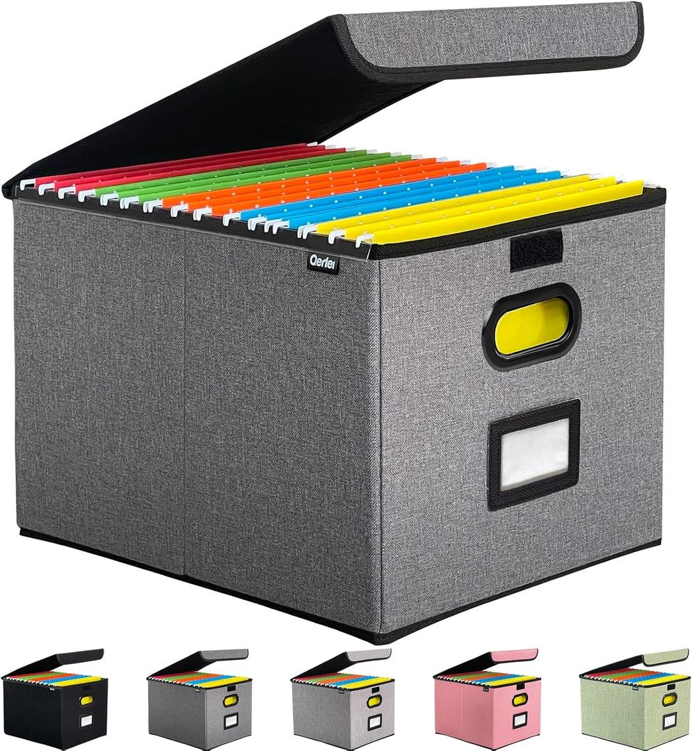Qerlei File Organizer Boxes with Lids,Collapsible File Folder Organizer with Plastic Slide,Collapsible Filing & Storage Boxes for Office/Decor/Home (Drak Grey, 1 Pack)