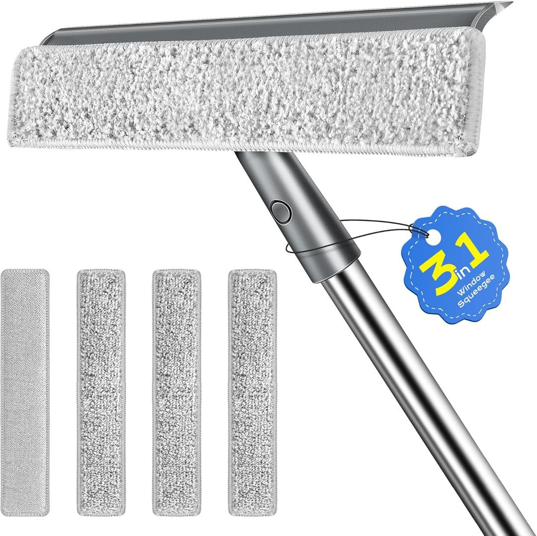 3 in 1 Window Squeegee for Home with 55" Lightweight Extension Poles Streak-Free Microfiber Scrubber for Outdoor/Indoor Windows, Shower Glass Door, Car Windshield, RV/Camper Windows 3 in 1 Window Squeegee for Home with 55" Lightweight Extension Poles Streak-Free Microfiber Scrubber for Outdoor/Indoor Windows, Shower Glass Door, Car Windshield, RV/Camper Windows
