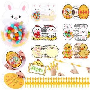36 Pack Easter Candy Cards for Kids Classroom, Flying Chicken Slingshot Finger Toys&DIY Bunny Egg Greeting Card Holder with Plastic Domes, Goodie Bag Basket Stuffers, Exchange Gift School Party Favors