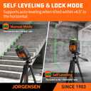 JORGENSEN 360 Laser Level with Tripod, 100 FT Rechargeable Self Leveling Cross Line Laser Leveler Tool with Magnetic Base, Wide Angle Green Laser Level for Picture Hanging, Floor Tile, Construction