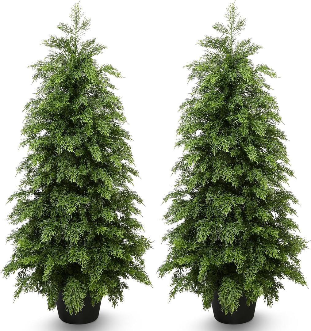 3ft Artificial Cedar Topiary Trees 2 Pack,Real Touch Cedar Tree Faux Plants Potted UV Resistant Evergreen Tree for Outdoor Indoor Door Garden Farmhouse Home Decoration