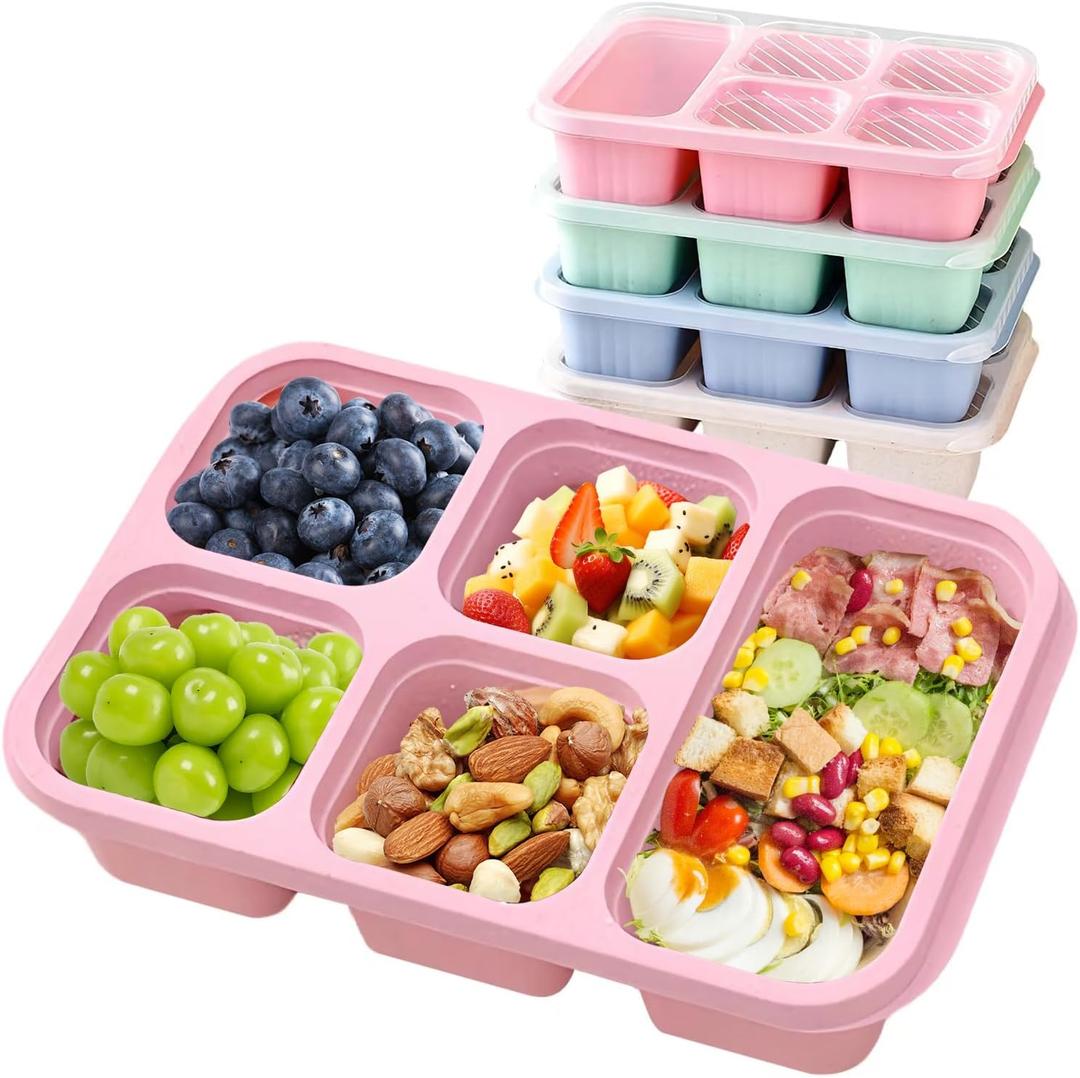 Bento Lunch Box with Reusable, 5 Compartment Bento Box for 4 Pack, Bento Snack Containers for Travel and Work (Wheat (Blue/Pink/Green/Beige))