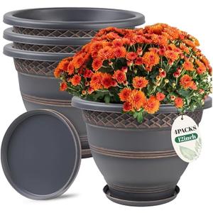4 Pack 12 Inch Large Plant Pots, Plastic Flower Pot for Indoor & Outdoor with Drainage Holes & Saucer, Plaid Pattern Planters Garden Pots for Herbs Bronze (Copper)