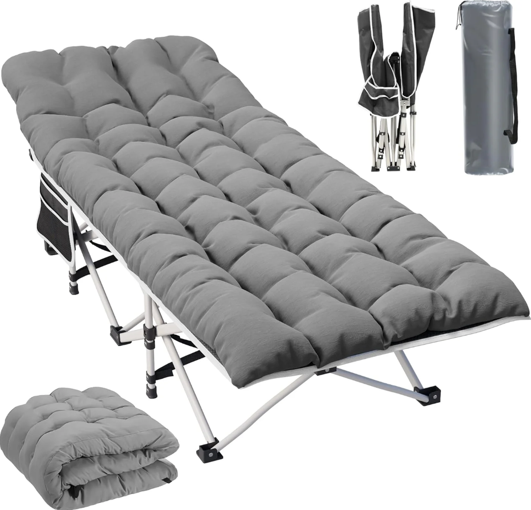 YITAHOME Camping Cots w/Mattress Portable Lounge Chair Outdoor Folding Cot Heavy Duty 575 LB Capacity 1200D Oxford w/Carry Bag Travel Camp Bed for Camping, Office, Traveling, Light Gray