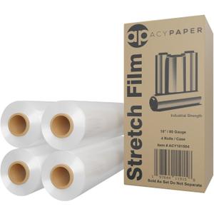 ACYPAPER, 18" Stretch Film/Wrap 1500 feet 80 Gauge Industrial Strength, up to 800% Stretch 20 Microns Clear Cling Durable Adhering Packing Moving Packaging Heavy Duty Shrink Film (4 Rolls/Box)