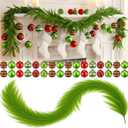 6 ft Lime Green Christmas Pampas Grass Garland with 24 Pcs 2.36 Inch Red Green Candy Cane Peppermint Christmas Ball Ornaments, Large Elf Garland Hanging for Xmas Tree Fireplace Decorations