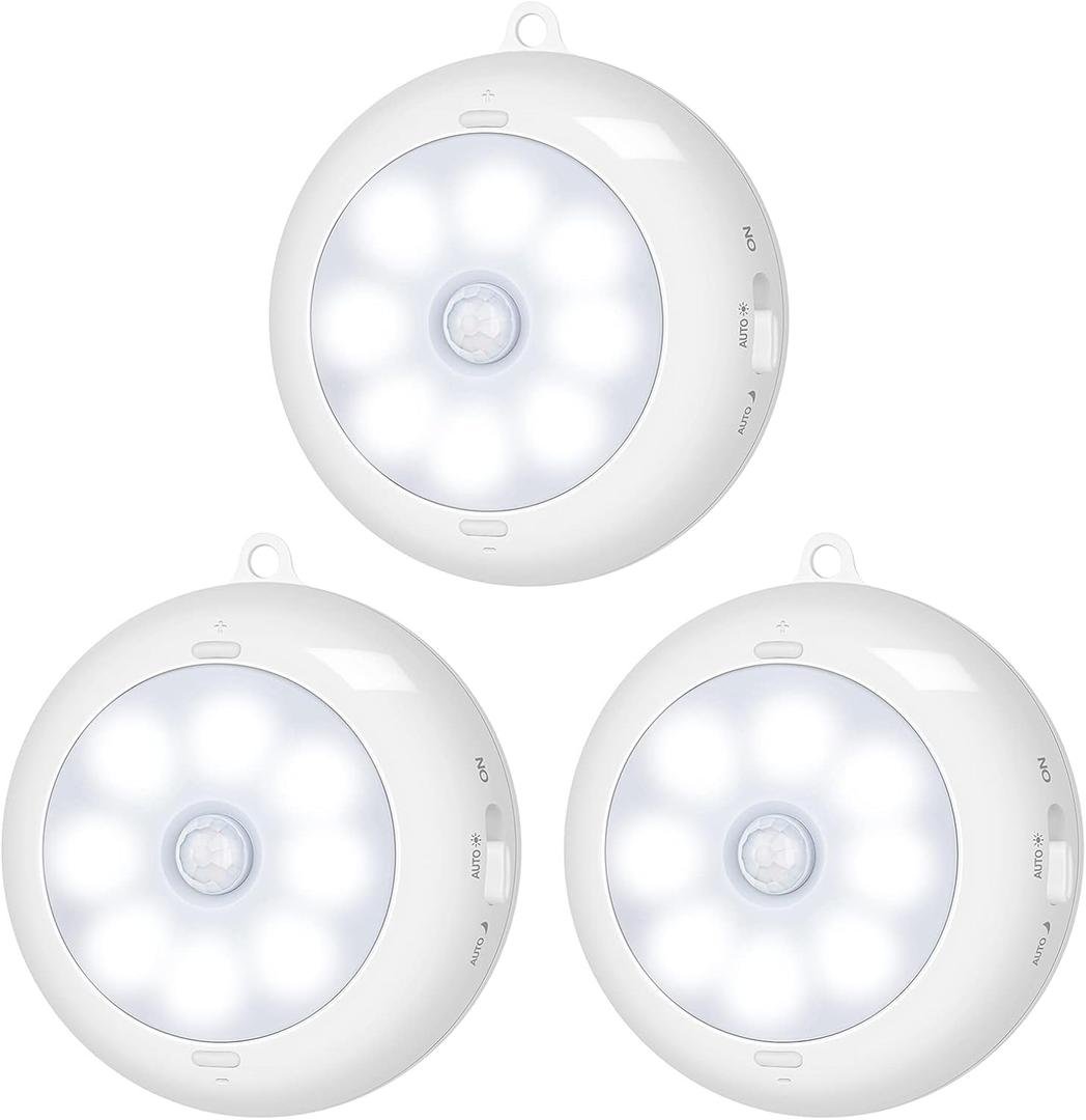 BLS Motion Sensor Light Indoor, LED Night Light Closet Lights, Under Cabinet Battery Powered Ceiling Lights, AA Battery Operated Stick on Wireless Puck Lights for Wall, Step, Stair, Dimmable (3 Pack) (6000K Clean White-3 Pack)