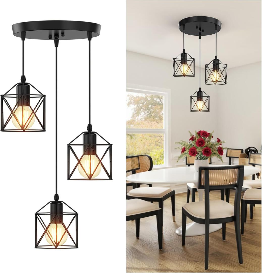 3 Light Pendant Lighting, Farmhouse Hanging Light Fixture for Kitchen Island & Dining Room, Industrial Vintage Ceiling Lamp with E26 Base, Adjustable Height, Matte Black