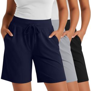 Neer 3 Pack Plus Size Women's Bermuda Shorts Drawstring High Waist Casual Athletic Sweatpants with Pockets (Black, Navy Blue, Light Gray,3XL)