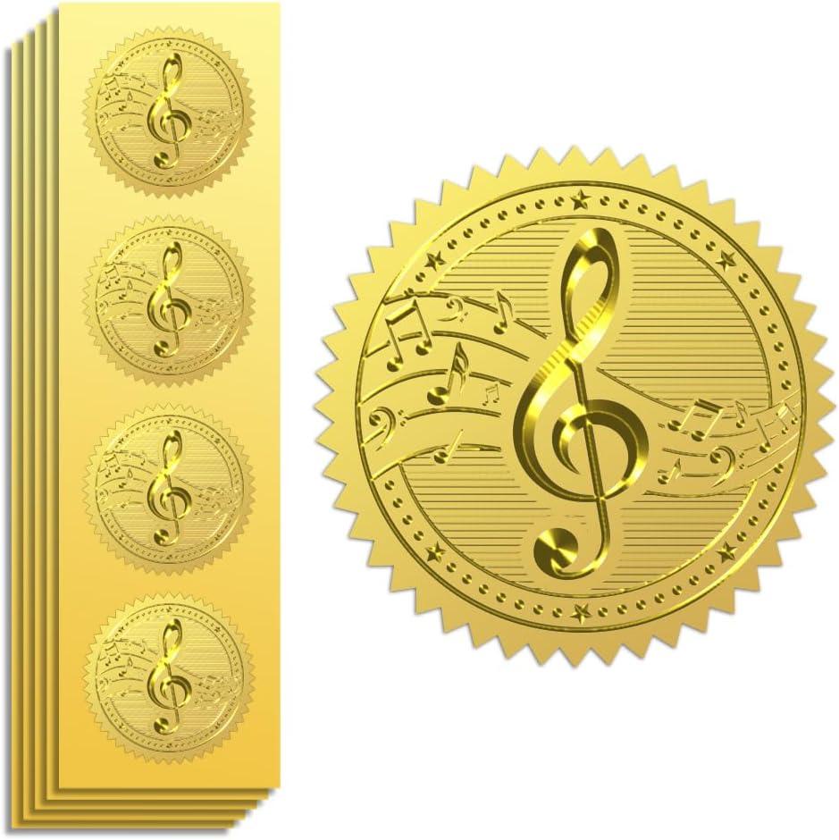 Peacoblue Gold Foil Stickers Seals Official Embossed Musical Note 2 Inch 100Pcs, Self Adhesive Gold Around Embossing Stickers for Concert VIP Invitation, Music Ticket, Envelope Seals, Certificate