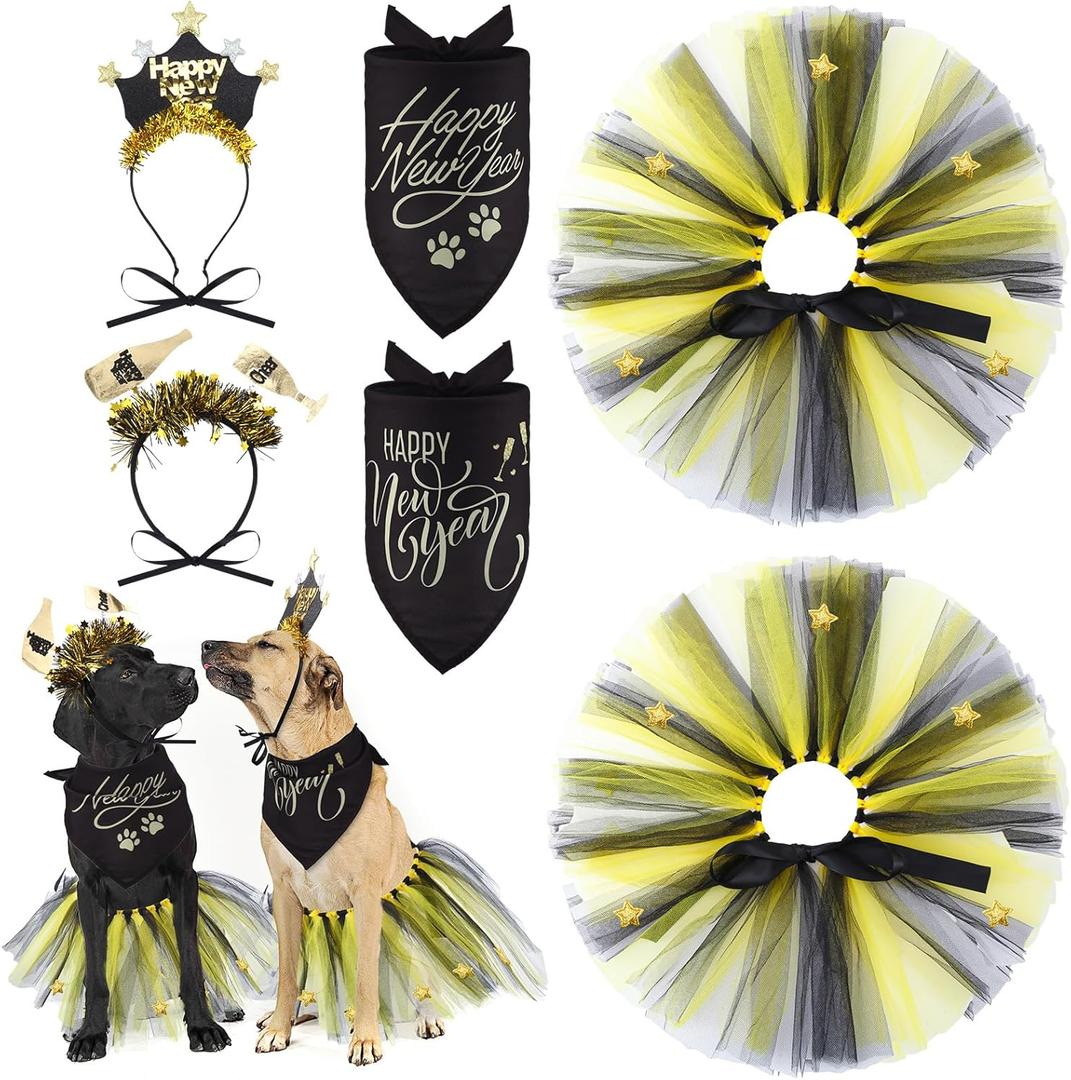 Suhine 6 Pcs Pet Happy New Year Costume Dog Accessories Include Puppy Dogs Tutu Dress Dog New Years Bandana Headband Outfit for Cat Pet Costume Supplies