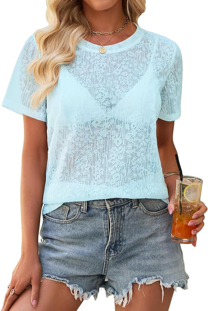 Allimy Women's Sexy See Through Sheer Lace Summer Tops Crew Neck Short Sleeve T Shirts (Blue, XXXL)
