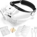 Headband Magnifying Glass with Light, Rechargeable Head Magnifying Glasses 1X to 14X, Magnifier Headset with 6 Detachable Lens, Hands Free Head Mount Magnifier for Close Work Jewelry Crafts (White)