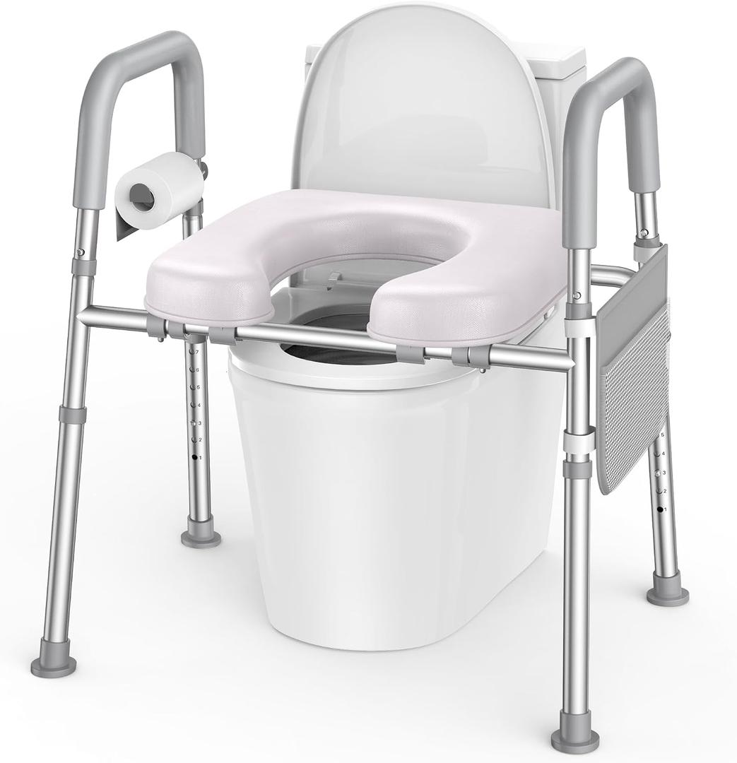 KEKOY Toilet Seat Risers for Seniors with Handles, Adjustable Height and Width Elevated Toilet Seat, Tool-Free Assembly Padded Seat for Elderly Handicap, Fits Most Round and Elongated Toilets, Grey