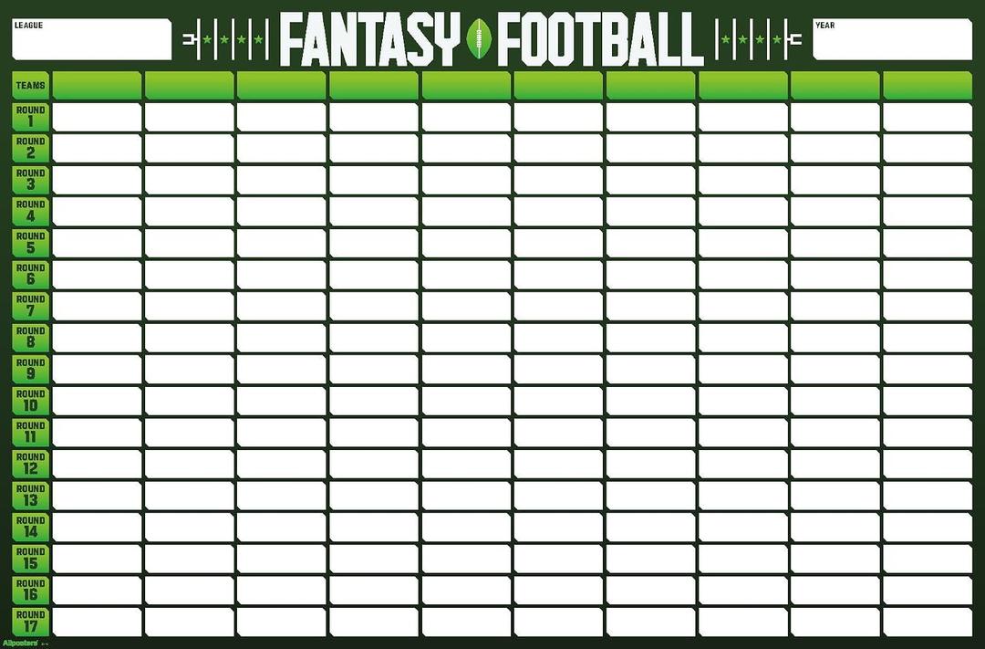 Trends International Fantasy Football 10 Team Draft Board Wall Poster, 34L x 22.4W, Premium Unframed Version