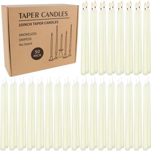 50 Pack Ivory Taper Candles 10 Inch - Classic Soft White Dinner Candles, Dripless Unscented Premium Wax with Cotton Wick, 8-Hour Burn Time for Wedding, Vintage & Formal Table Decor