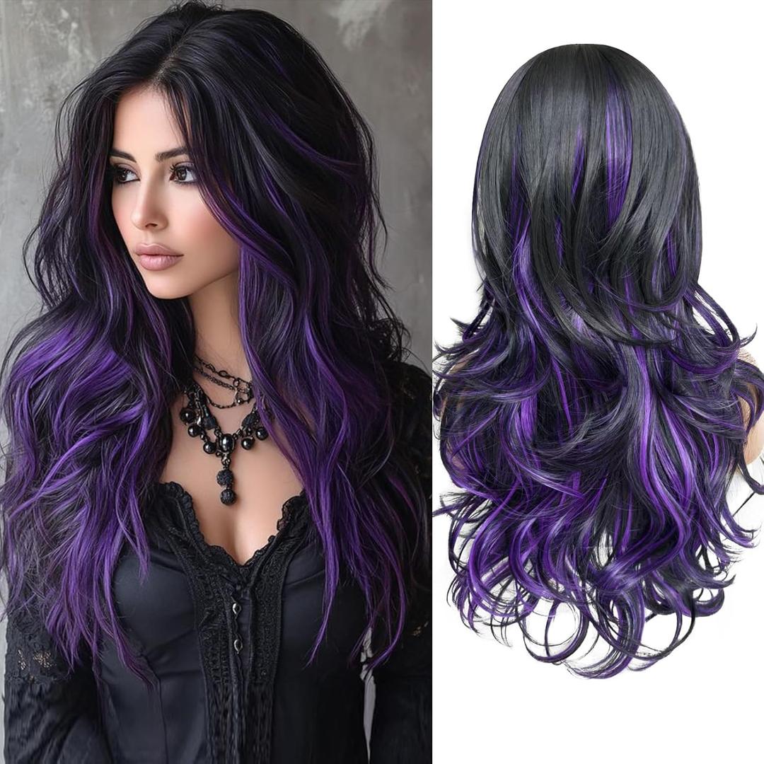Aisaide Highlight Black Mixed Purple Wig with Bangs Long Wavy Dark Purple Layered on Wig with Curtain Bangs for Black White Women, Synthetic Layered Long Wavy Shaggy for Women 24inch