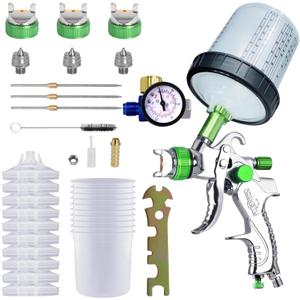 HVLP Paint Sprayer with 10pcs 600ML Mixing Quick Cup,Spray Paint Gun Set Contain 3 Nozzles 1.4/1.7/2mm &Pressure Gauge,Sprayer Gun for Car Painting,Furniture Surface Spraying (Green Set)