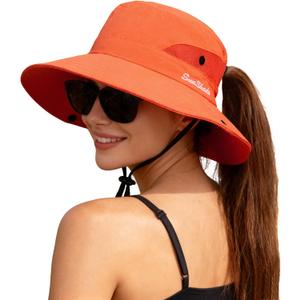 ZOORON Women's Ponytail Safari Sun Hat,Wide Brim UV Protection Outdoor Bucket Hat,Foldable Beach Summer Fishing Hat (6 3/4-6 7/8, 1- Pure Orange)