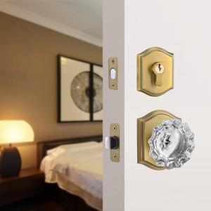 Crystal Glass Passage Door Knob and Single Cylinder Deadbolt Combo Set, Antique Brass Finish, Keyed Alike
