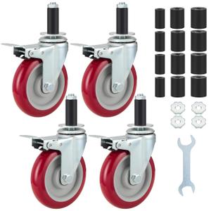 Finnhomy 5 Inch Prep Table Caster Wheels Set of 4 Heavy Duty Expanding Stem Casters with Brake Fit 7/8", 1", 1-1/2" and 1-5/8" Tube Leg for Stainless Steel Furniture Legs, Worktable, Cart, Workbench (Red)