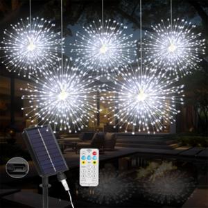 Solar Christmas Firework Lights Outdoor, 1000 LED Starburst Light Outdoor with USB Rechargerable, 8 Modes Waterproof Solar Hanging Lights for Gazebo Yard Party Christmas Decorations (White, 1000 LED)