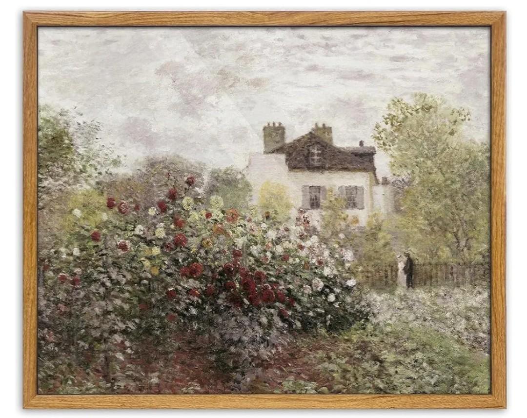 UPWOIGH 12x12 in Large Framed Wall Art, Claude Monet The Artist's Garden Oil Painting Canvas, Vintage Impressionist Rose Garden Landscape, Rustic Cottage Farmhouse Decor for Living Room Bedroom, 1Pack